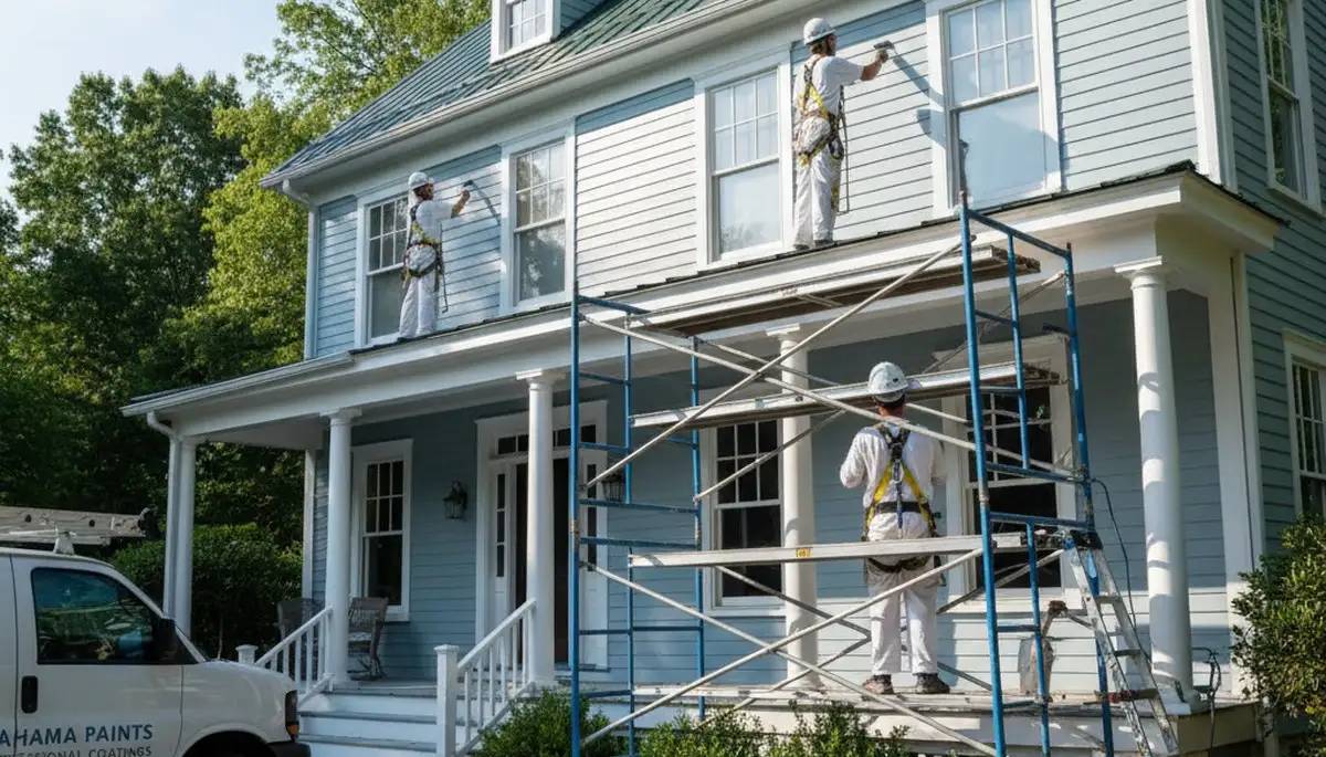 Professional painters in Durham, NC preparing a home exterior for painting