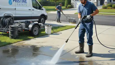 Durham, NC painters pressure washing a concrete driveway for cleaning and stain removal