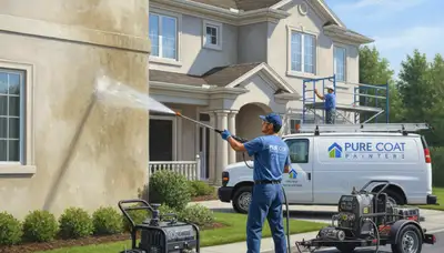 Durham, NC painters pressure cleaning siding, removing pollen, algae, and grime from a home exterior